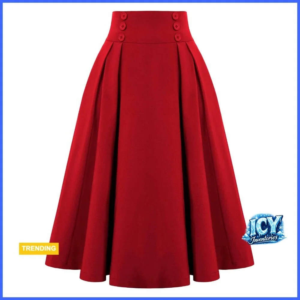 Vintage High Waist Pleated Midi A-Line Skirt with Pockets